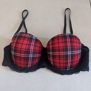 Vintage Rare Red Bra Plaid Black Lace Dark Academia Preppy Festival Party